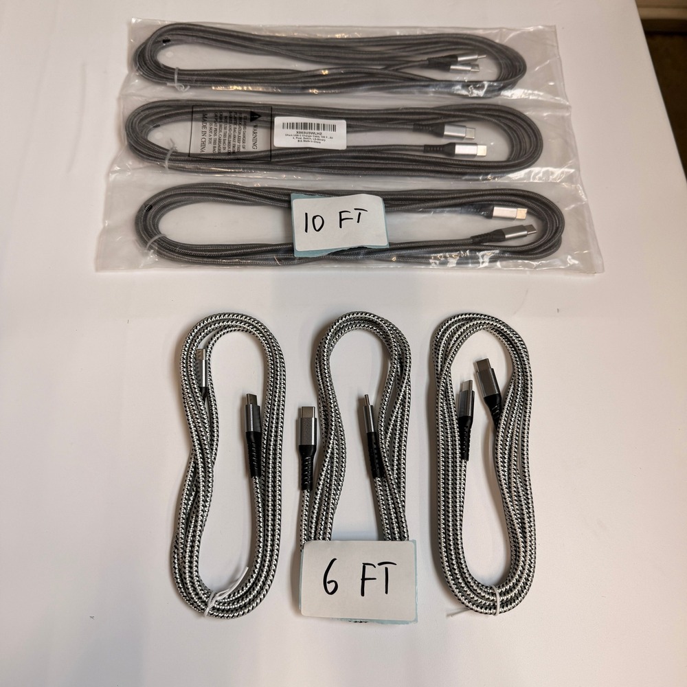 Lot of 6 USB-C to USB-C Braided Fast Charging Cables 60W 6ft 10ft Type C Cords